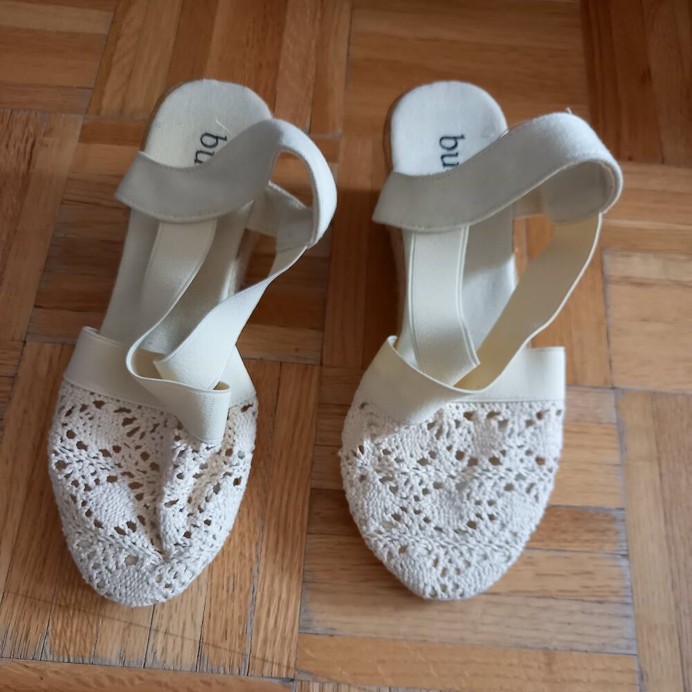 White/beige crochet wedge espadrilles, 6.5